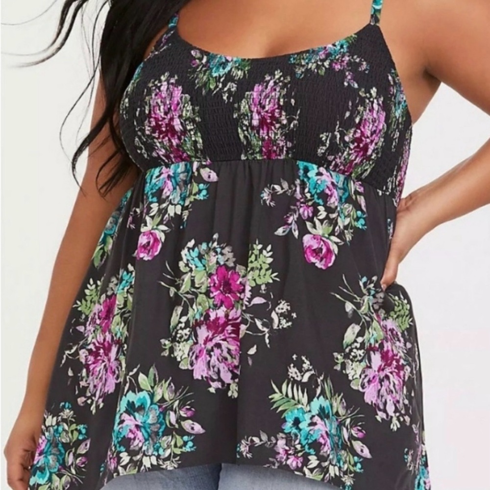 torrid Black Floral Smocked Camisole with Pink & Teal Flowers